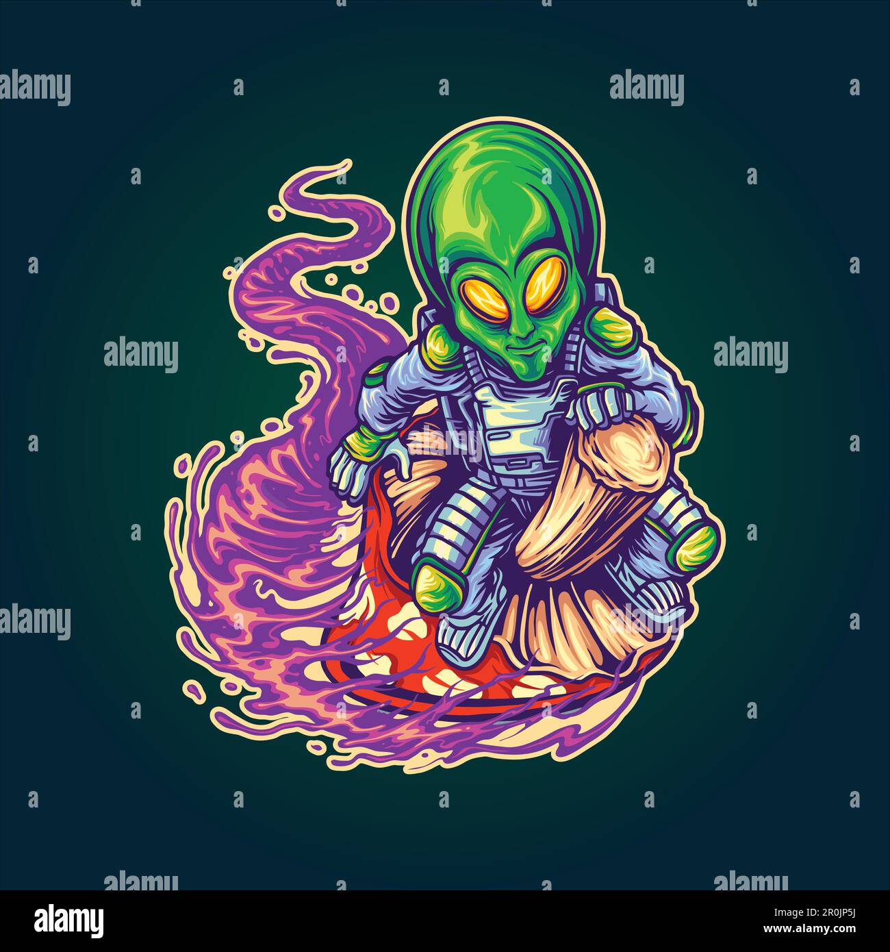 Astronaut alien rush on space with magic mushroom logo illustrations vector for your work logo, merchandise t-shirt, stickers and label designs, poste Stock Vector