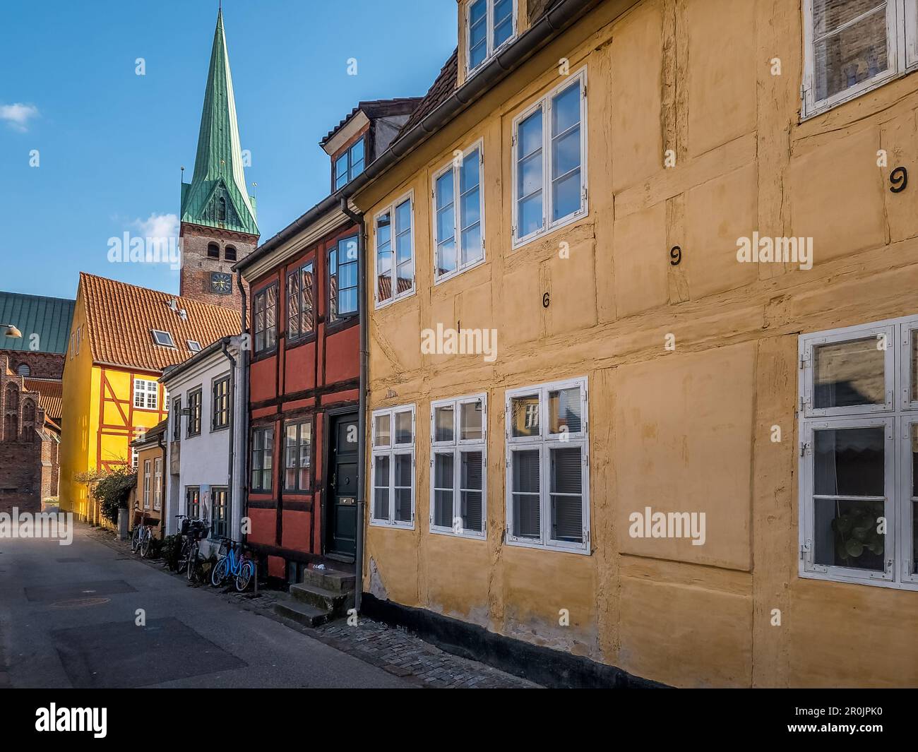 Church street with medieval houses in Helsingor Denmark Stock Photo