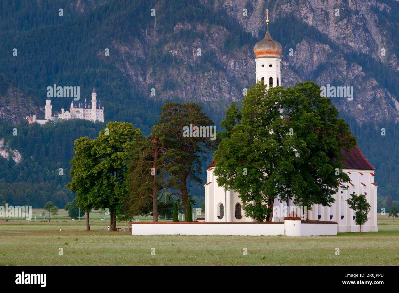 Neuschwanstein castle and St Coloman pilgrimage church near Schwangau ...