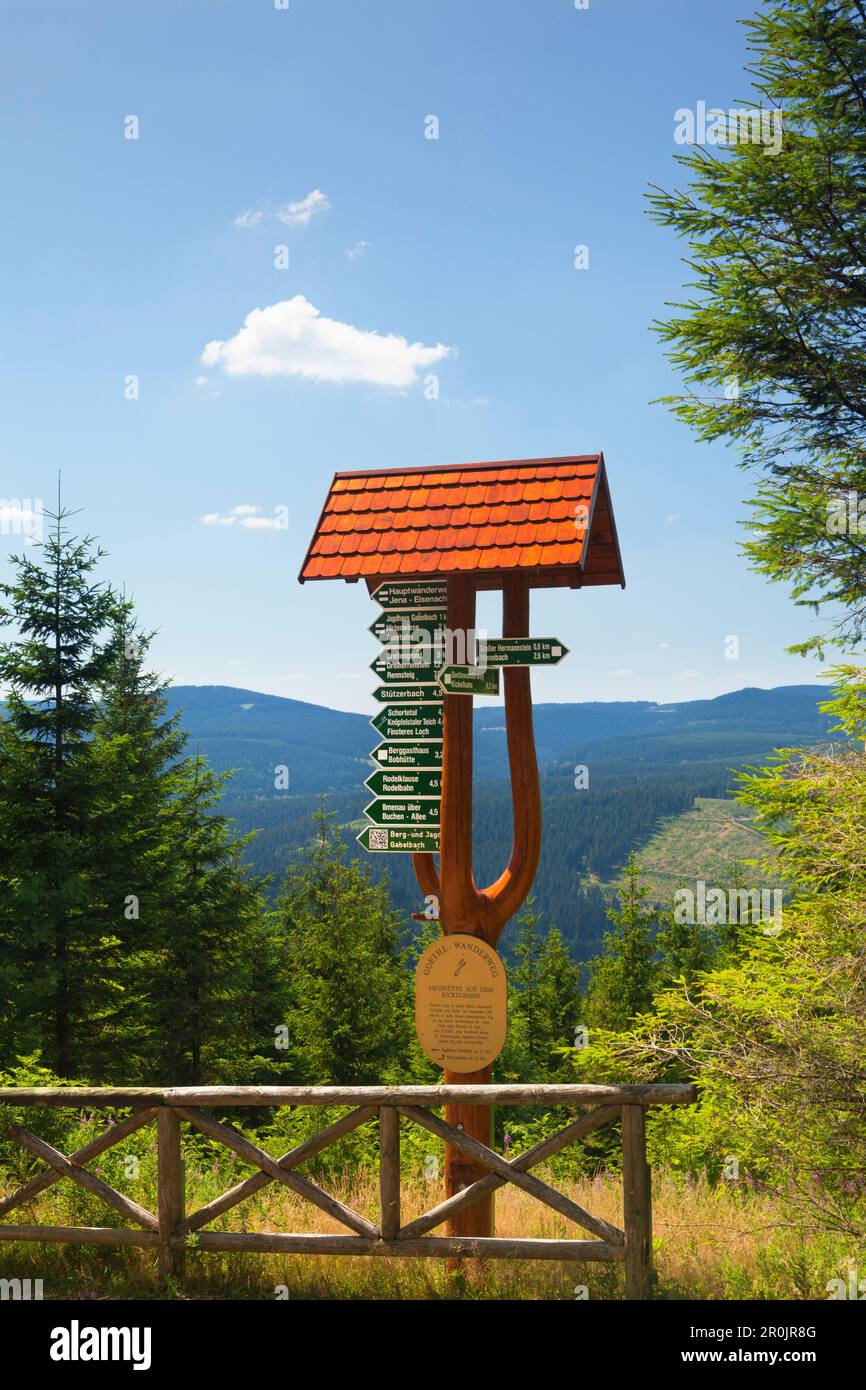 Signpost at the Goethe hiking trail to Kickelhahn hill, near Ilmenau ...