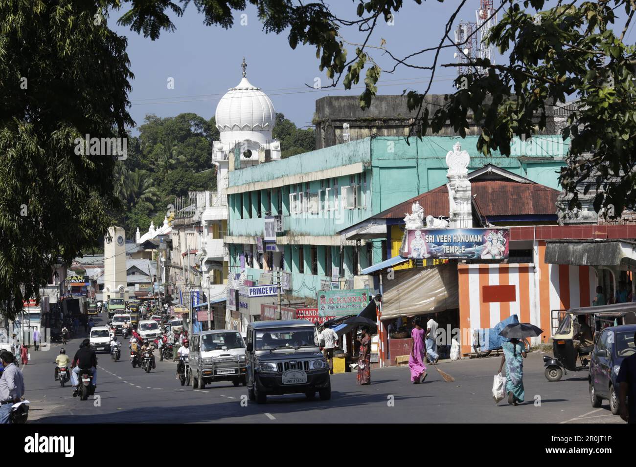Main road in Aberdeen Bazaar, above the clock tower, center, capital of Port Blair, South