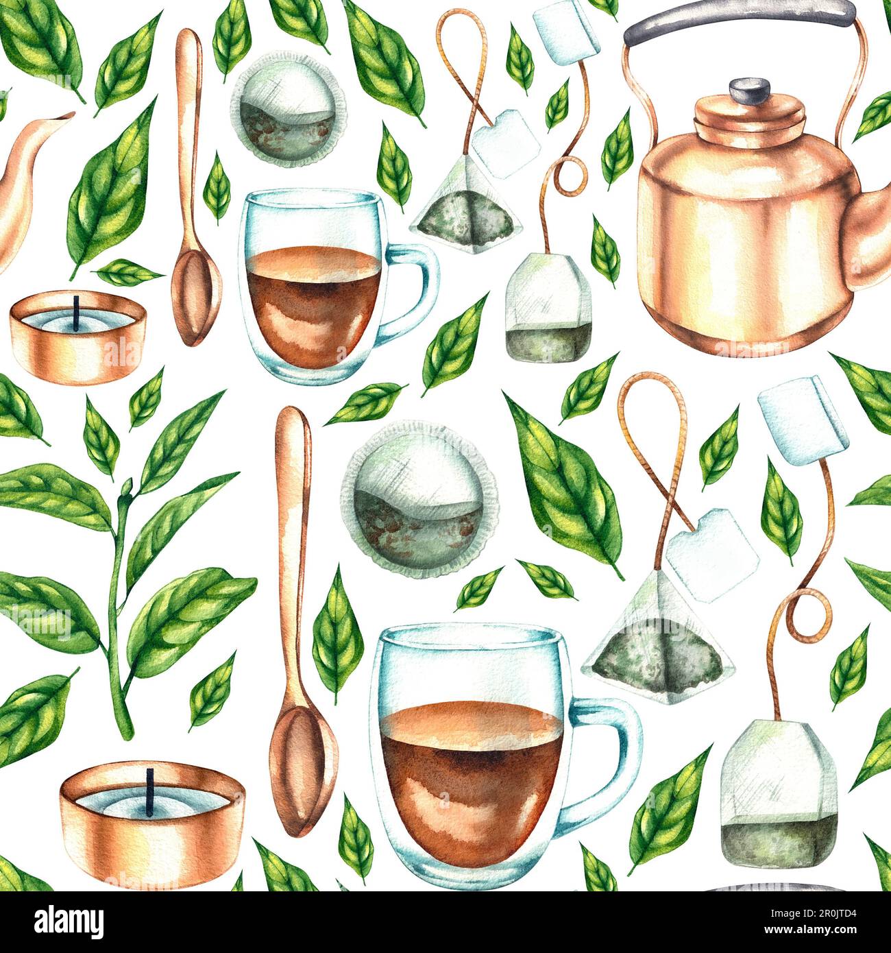 Watercolor pattern of tea drinking utensils with a tea plant on a white