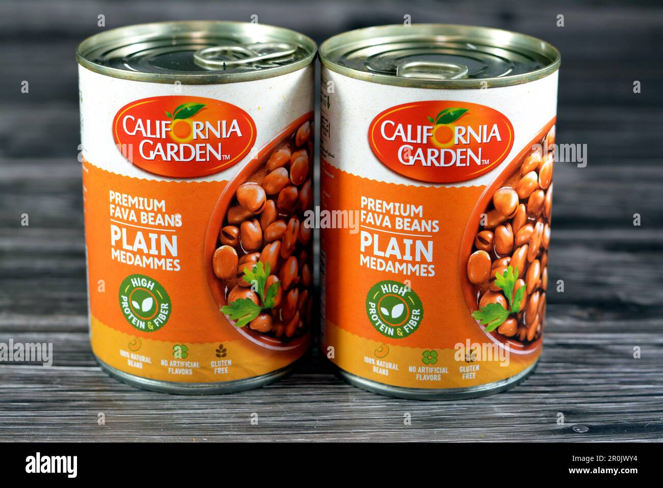 Cairo, Egypt, May 6 2023 Canned California Garden premium fava beans plain medammes, high