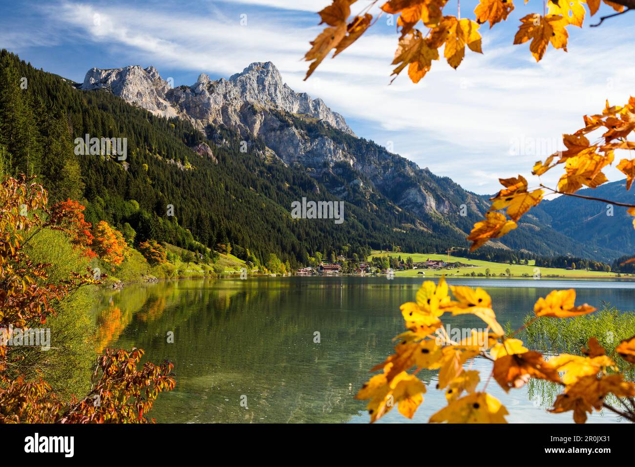 Lake Haldensee in fall with Haller, Rote Flueh and Gimpel mountain ...