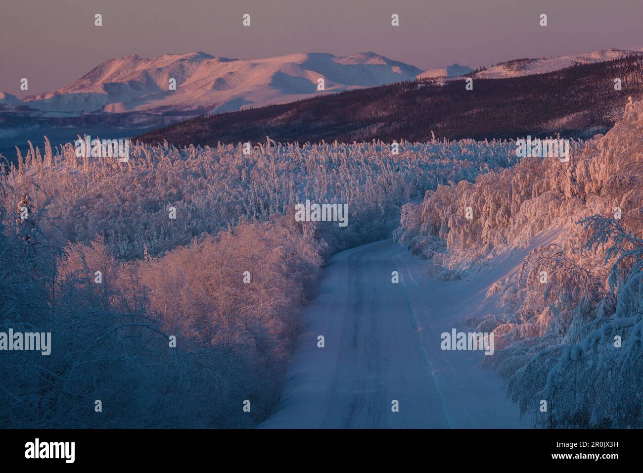 Morning light over snow-covered landscape at Dalton Highway, Yukon-Koyukuk Census Area, Alaska, USA Stock Photo