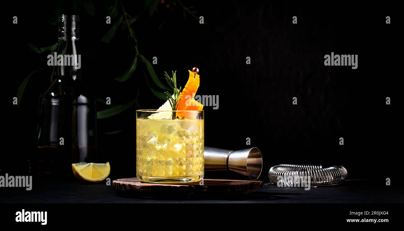 Penicillin alcoholic cocktail with scotch, whiskey, honey ginger syrup