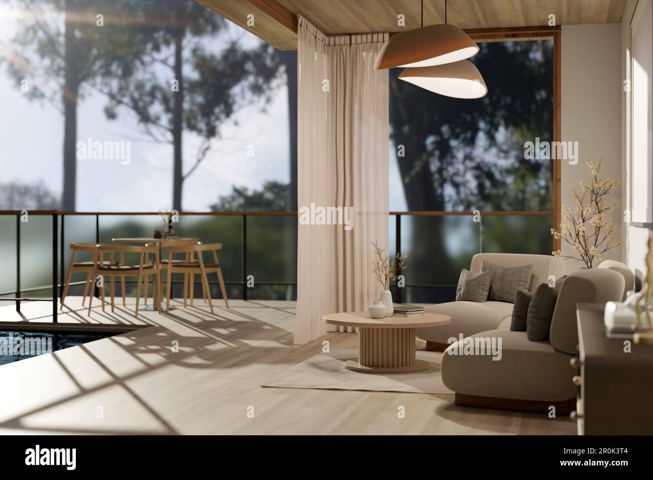 Interior design of a modern luxury villa living room with swimming pool ...