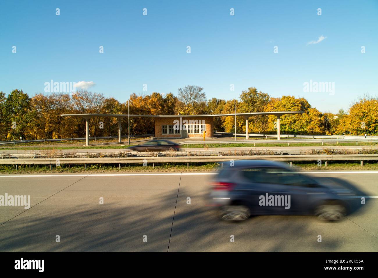 former Reichsautobahn, Third Reich,  A12, disused service station, petrol station, deserted, disused, historic, protected building, German Autobahn, m Stock Photo