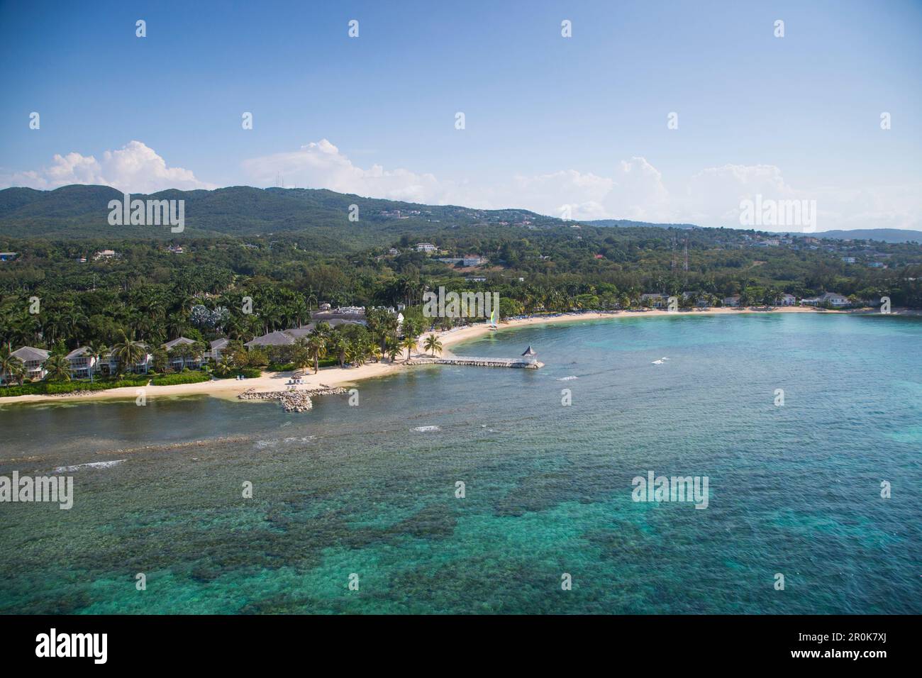 Aerial of coastline and Half Moon Resort seen from parasail Rose Hall