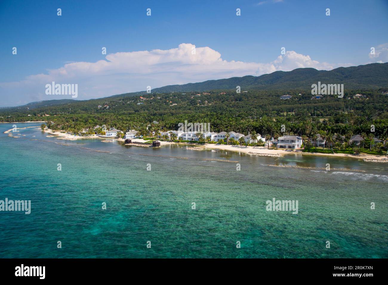Aerial of coastline and Half Moon Resort seen from parasail Rose Hall