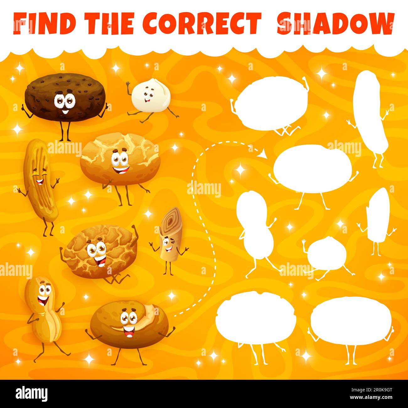 Find the correct shadow. Cartoon bakery, pastry and bread characters