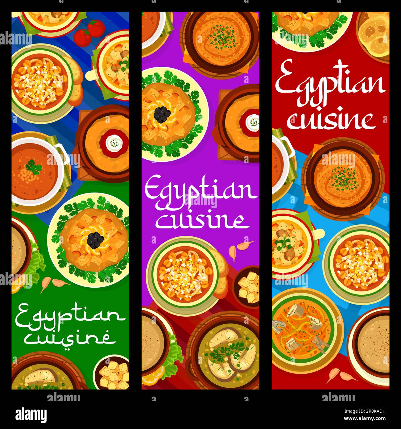 Egyptian cuisine restaurant meals banners. Zaalouk eggplant salad, Harira Ramadan and Balik corbasi fish soup, Bissara pureed broad beans, Kesra bread Stock Vector