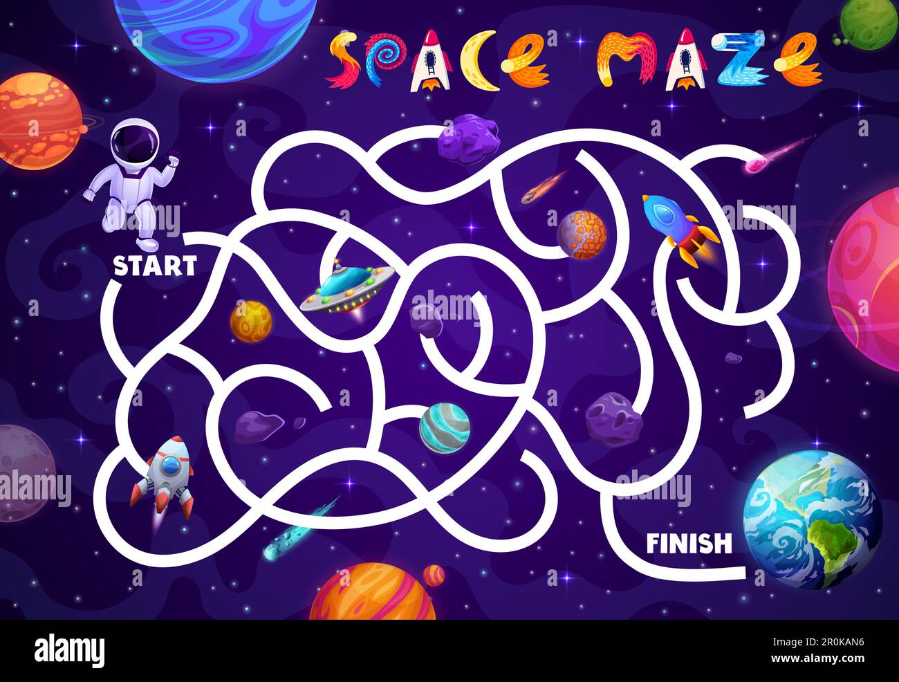Space labyrinth maze game. Galaxy planets, asteroids and astronaut in outer  space. Children labyrinth quiz, find way vector riddle or search path work  Stock Vector Image & Art - Alamy