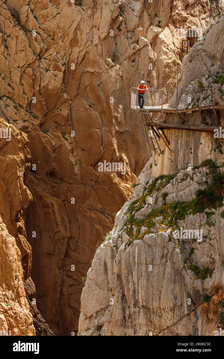 hiker, Caminito del Rey, via ferrata, hiking trail, gorge, Rio Guadalhorce, river, Desfiladero de los Gaitanes, near Ardales, Malaga province, Andaluc Stock Photo