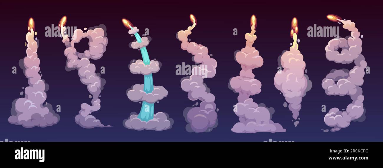 Cartoon rocket smoke trails with vector fire and clouds. Space rocket ...