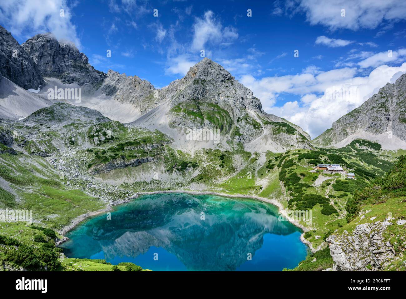Lake Drachensee, Drachenkopf and hut Coburger Huette, Hinterer Tajakopf, Mieming Mountains, Tyrol, Austria Stock Photo