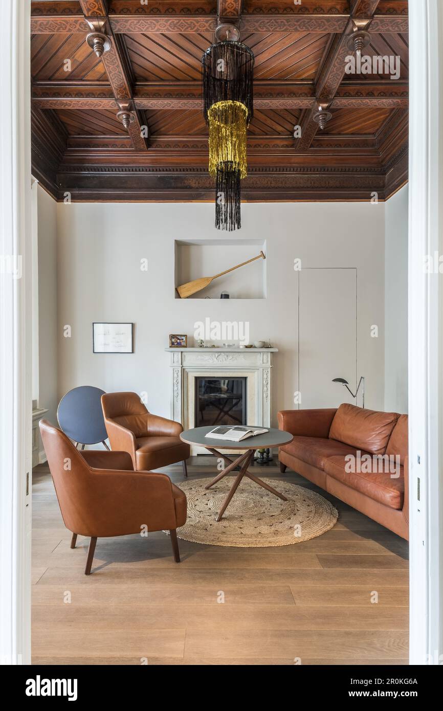 Fireplace in a modern furnished Art Nouveau apartment in Hamburg, north