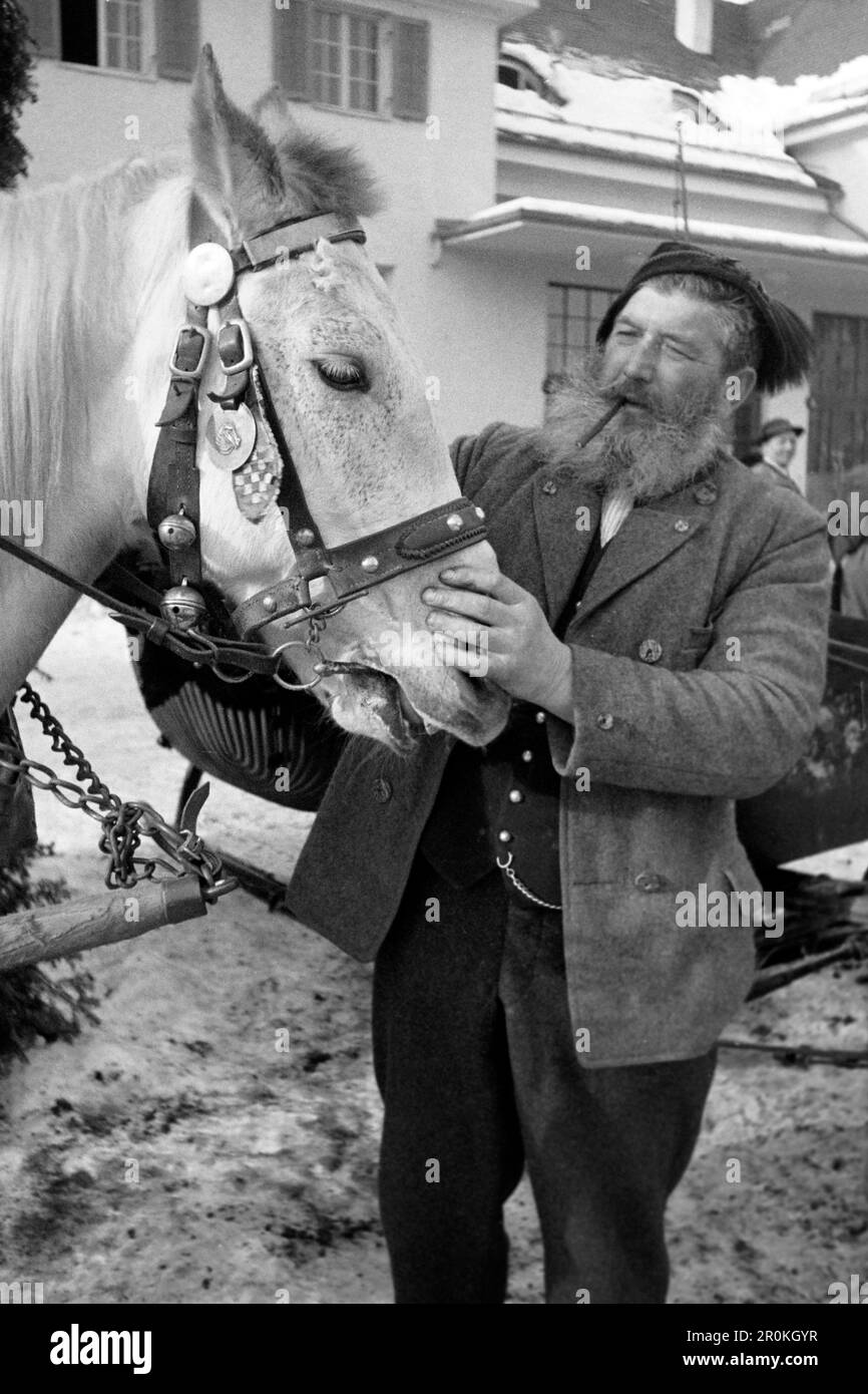 Ein Kutscher mit seinem Pferd, Garmisch Partenkirchen 1936. A coachman with his horse, Garmisch Partenkirchen 1936. Stock Photo