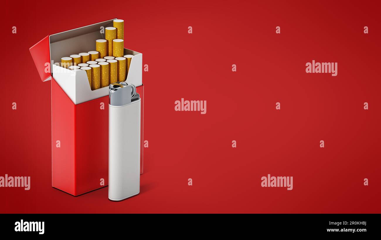 Cigarette box and lighter isolated on white background. 3D illustration