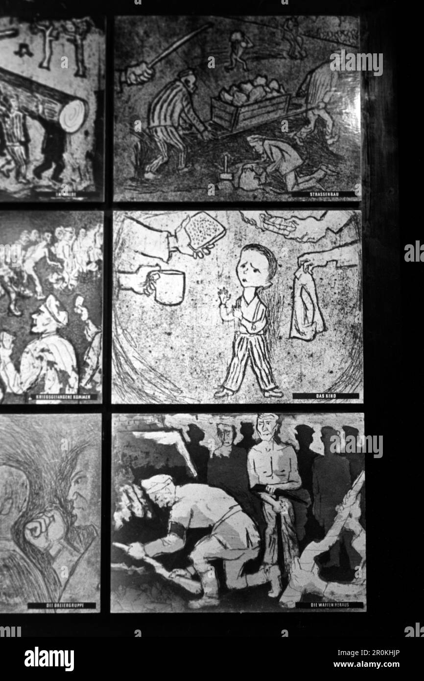 Illustrationen von Szenen aus dem Lageralltag im Konzentrationslager Buchenwald, Künstler unbekannt, 1960. Illustrations of scenes from everyday life in the Buchenwald concentration camp, artist unknown, 1960. Stock Photo