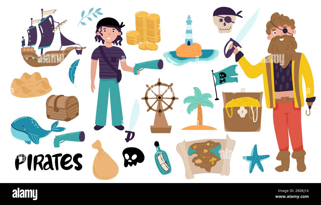 Collection of adorable pirates, sail ship, mermaids, sea fish and underwater creatures, treasure chest, lighthouse isolated on white background. Child Stock Vector