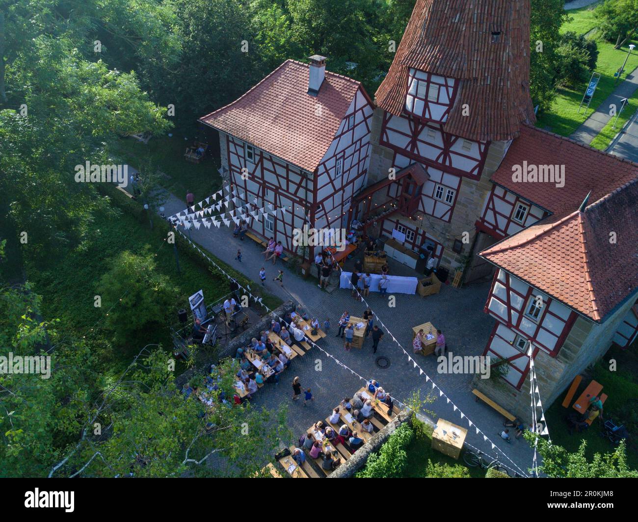 Aerial of Weinfest am Rödelseer Tor wine festival, Iphofen, Fränkisches Weinland, Franconia, Bavaria, Germany Stock Photo