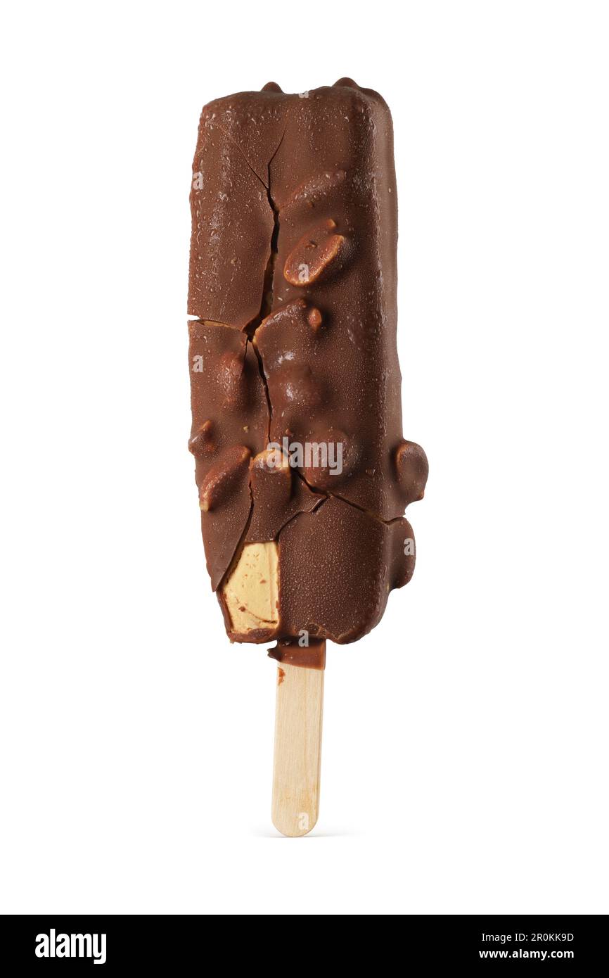 Cracked popsicle ice cream bar with chocolate coating and peanuts