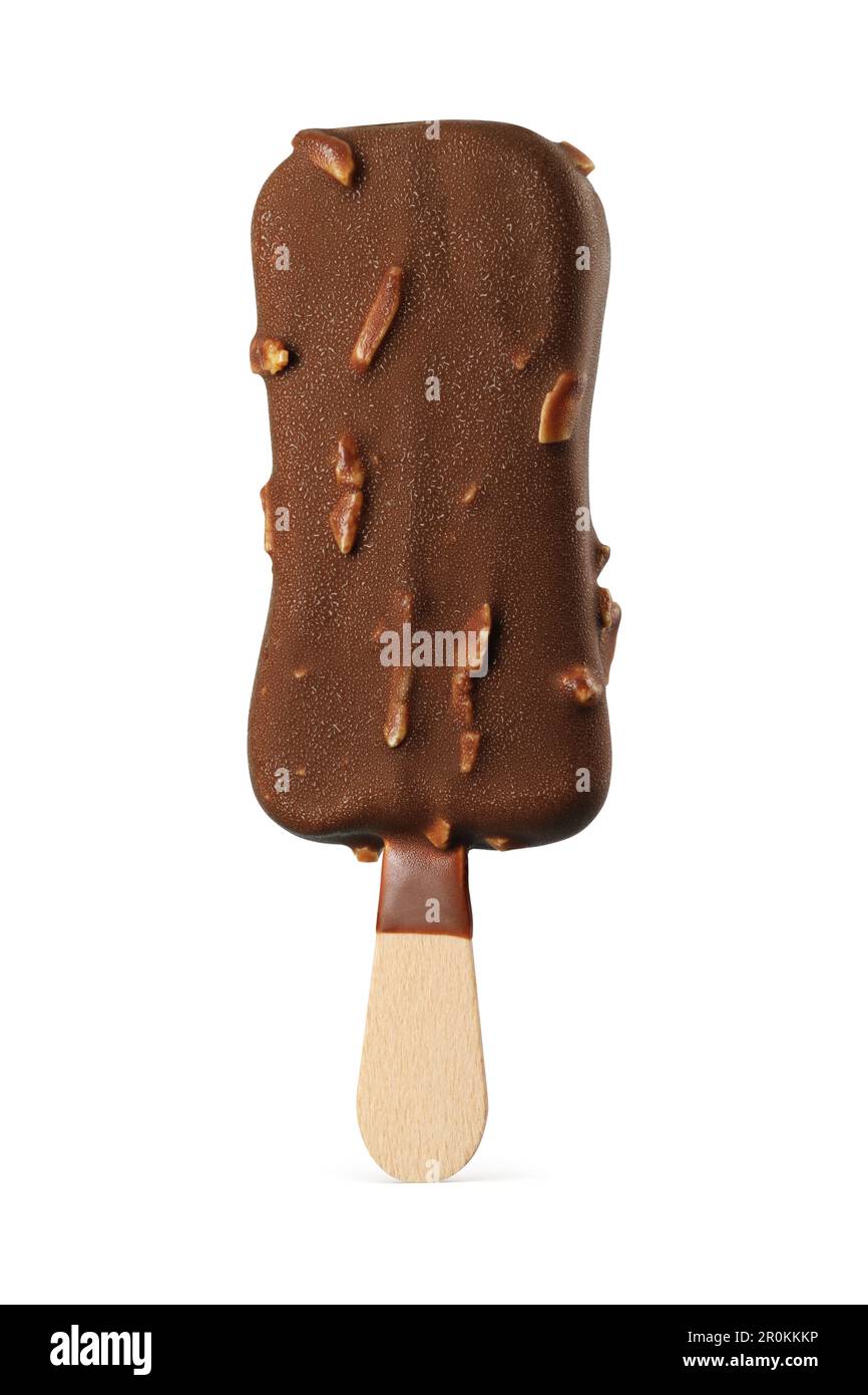 Popsicle ice cream bar with chocolate coating and almonds isolated on