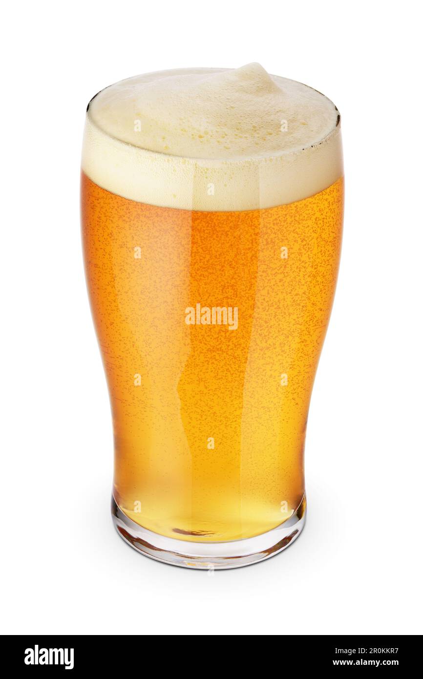 Glass of light beer with cap of foam isolated on white background Stock Photo