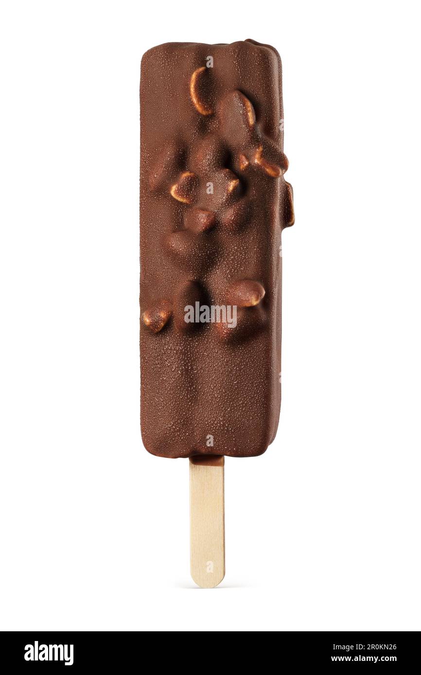Popsicle ice cream bar with chocolate coating and peanuts isolated on