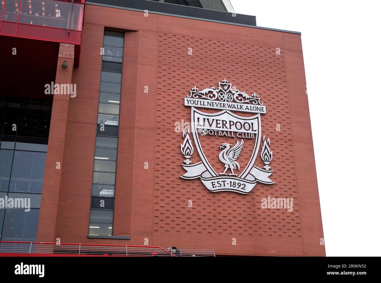 The Liverpool Football Club crest at Anfield Stadium Stock Photo