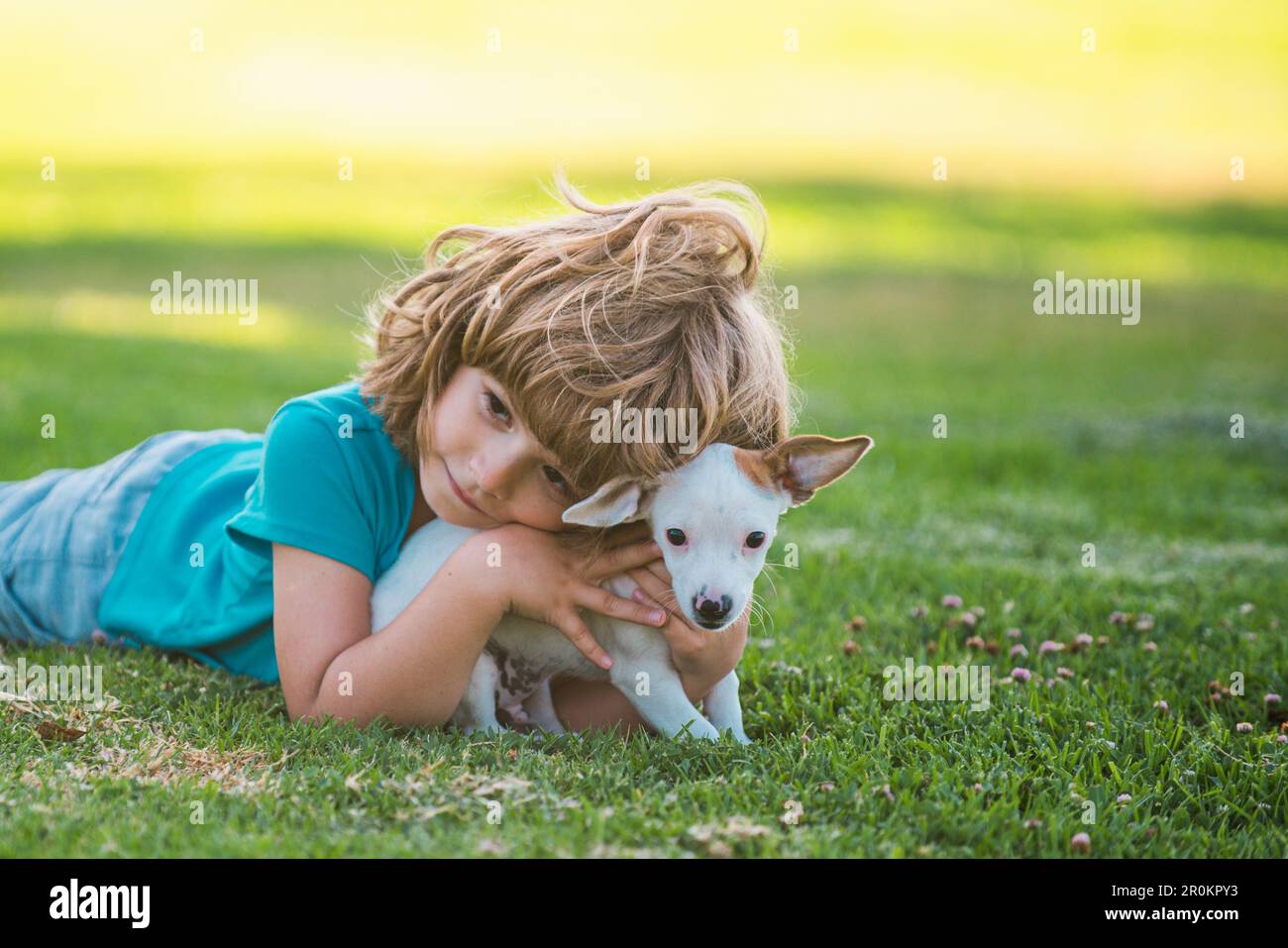 Hug dog friends. Child with puppies doggy kissing and hugging