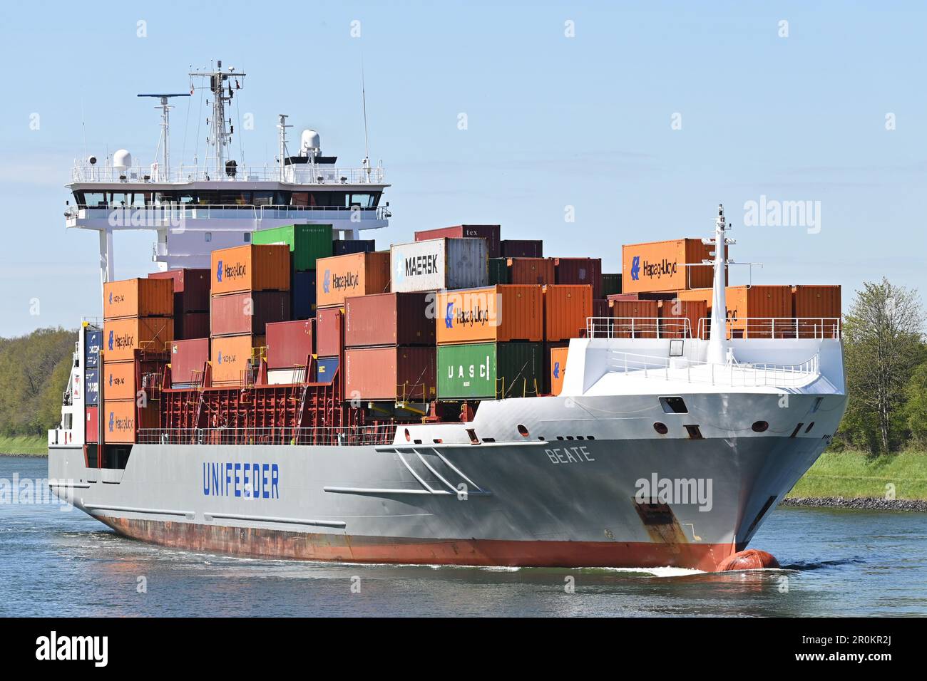 Containership BEATE passing the Kiel Canal Stock Photo