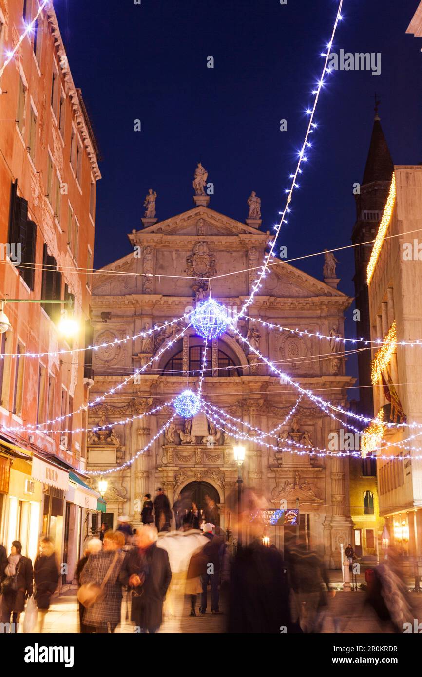 ITALY, Venice. Christmas decorations hangs over Campo San Moise along