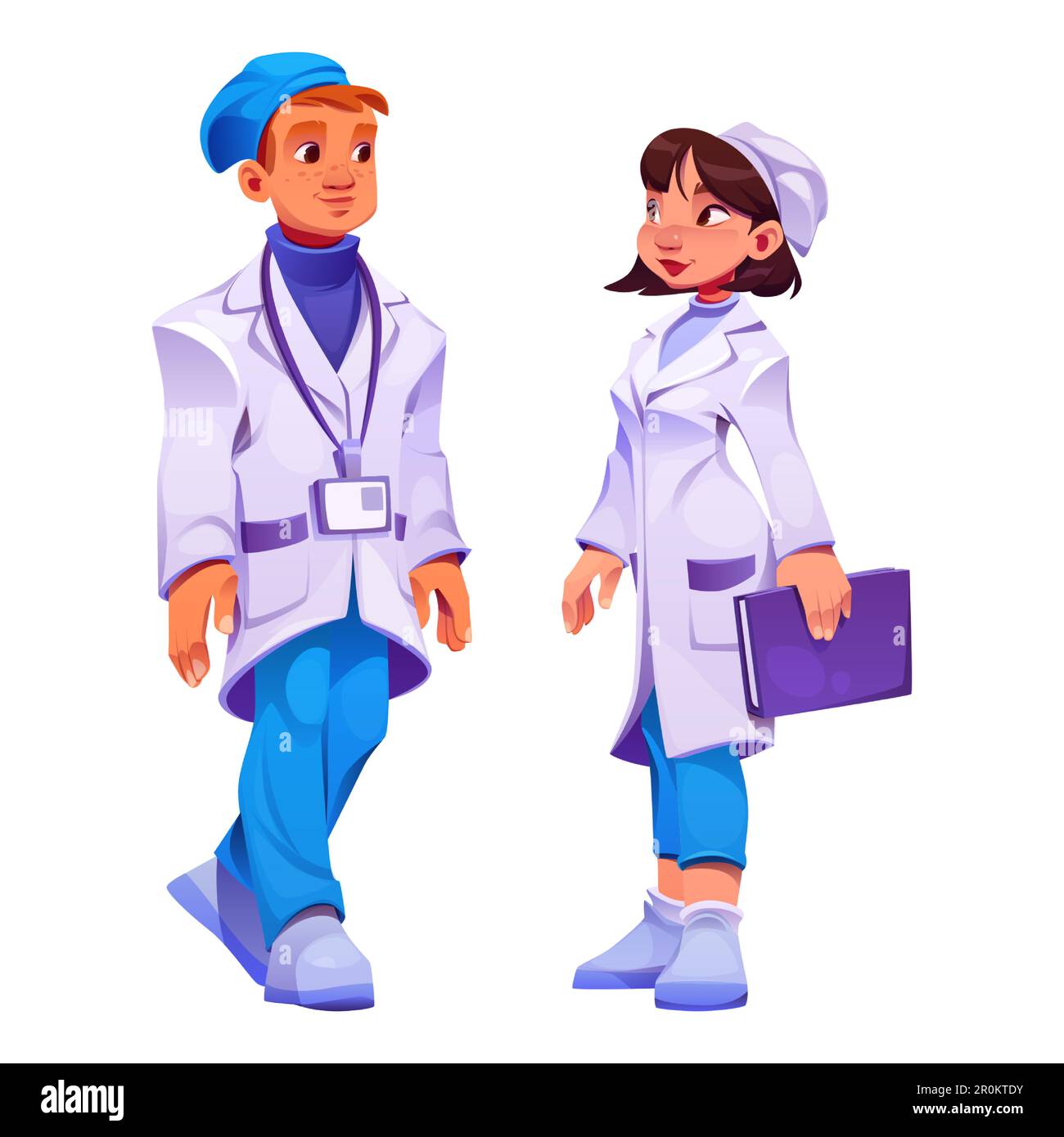 Cartoon set of medical personnel isolated on white background. Vector illustration of multiethnic male and female young doctors and nurses character in hospital uniform. Health care clinic services Stock Vector