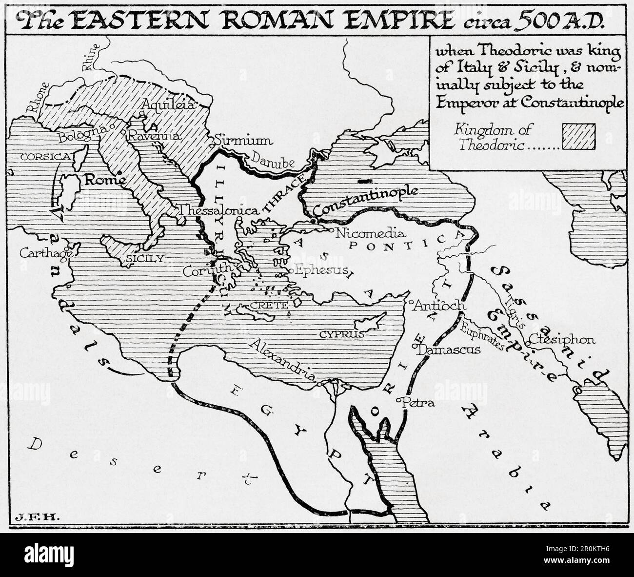Map of the Eastern Roman Empire c. 500 AD, when Theodoric was king of Italy and Sicily and nominally subject to the emperor at Constantinople.  From the book Outline of History by H.G. Wells, published 1920. Stock Photo
