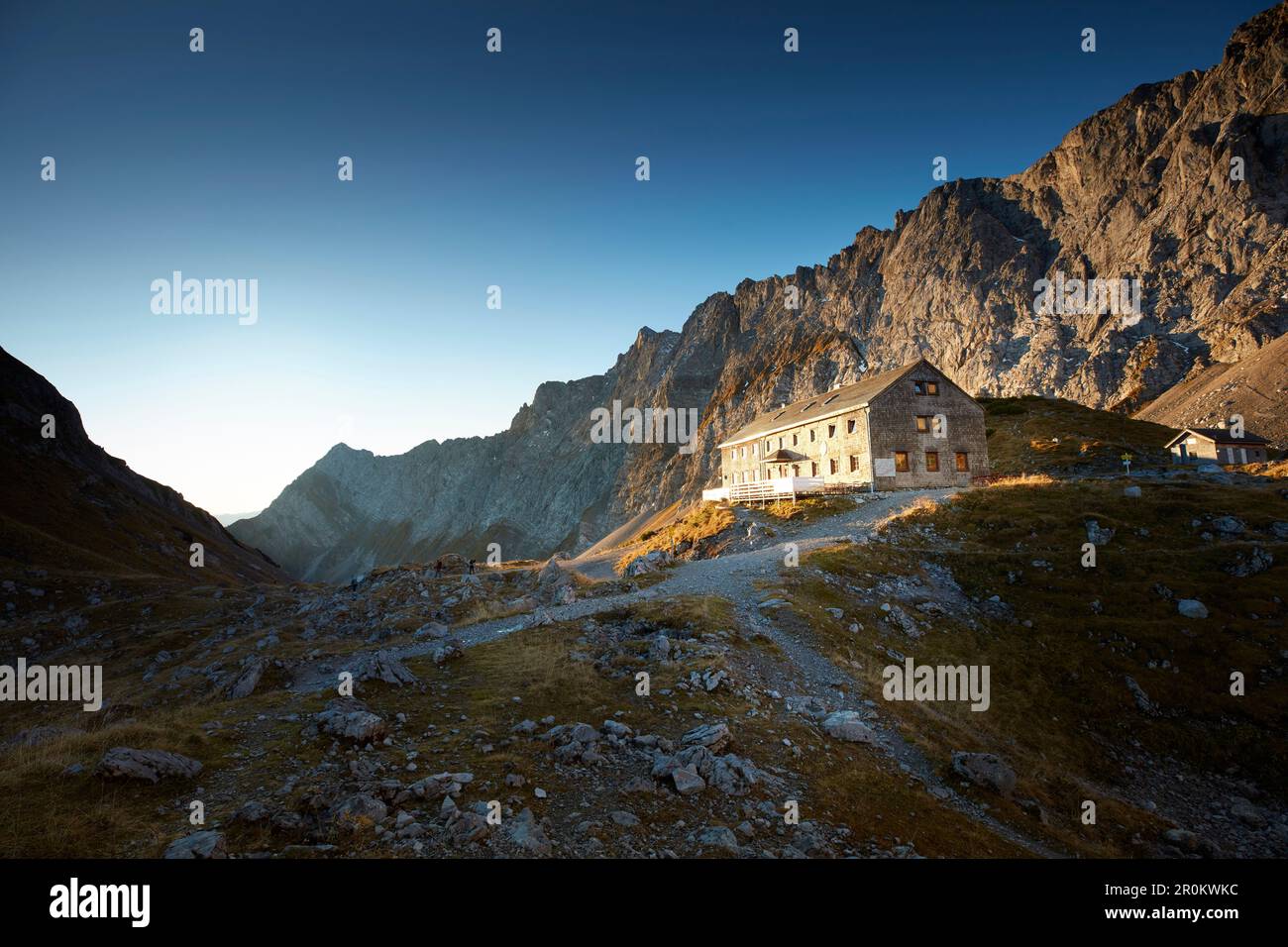 Lamsenjoch alpine hut,  Lamsenjochhuette alpine hut, morning, autumn Stock Photo