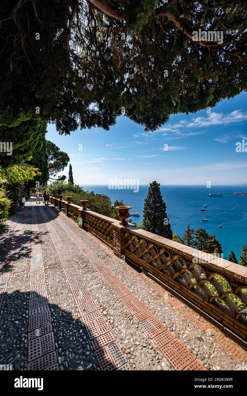 Giardini della Villa Comunale with view to the sea at Taormina, Sicily, South Italy, Italy Stock Photo