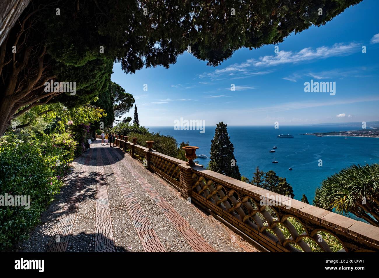 Giardini della Villa Comunale with view to the sea at Taormina, Sicily, South Italy, Italy Stock Photo
