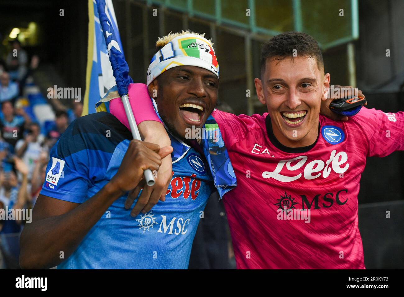 Naples, Italy. 7 May, 2023. Victor Osimhen of SSC Napoli celebrates with Pierluigi Gollini at the end of the Serie A match between SSC Napoli and ACF Stock Photo