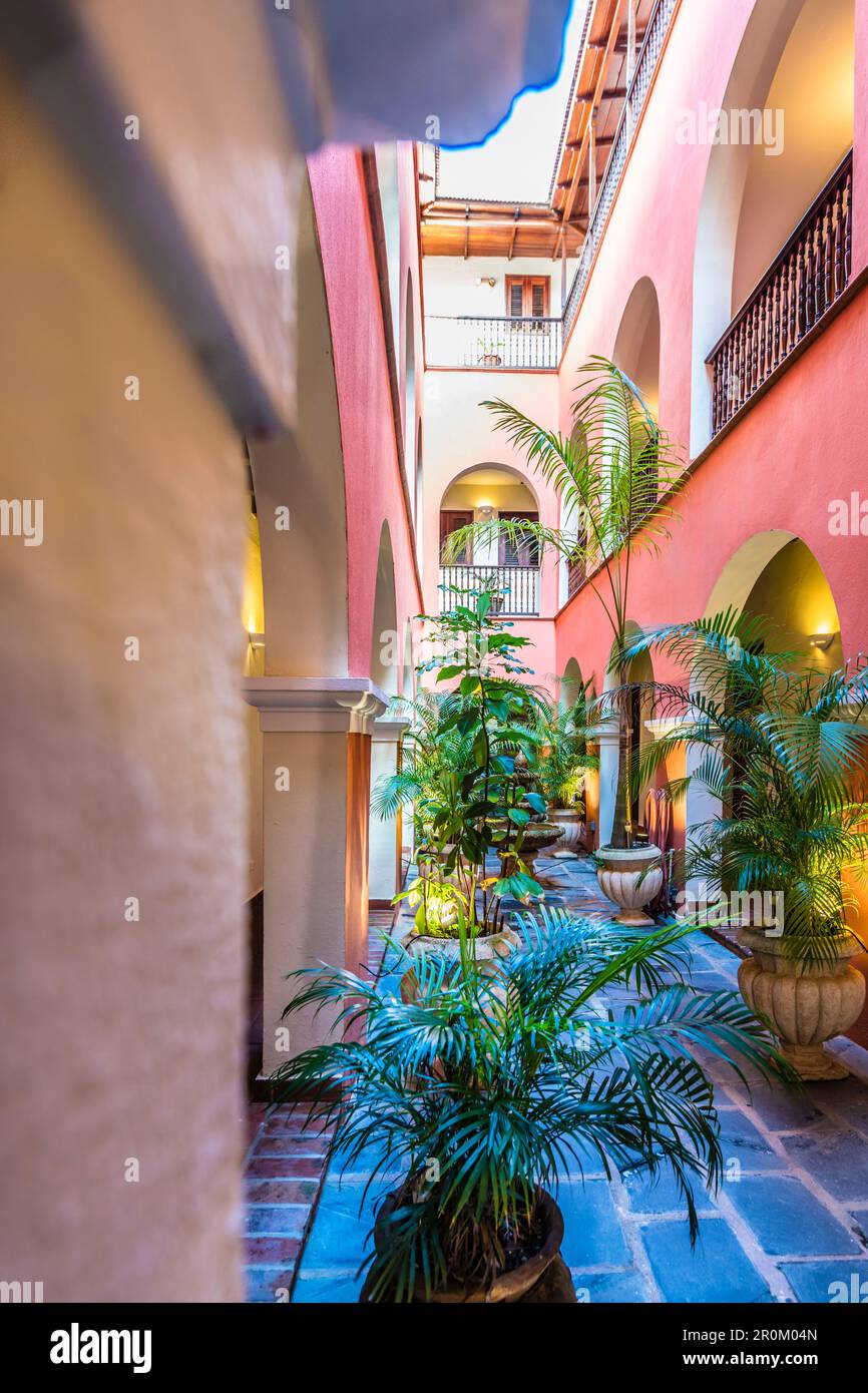Inner courtyard, historical residential building, old town, San Juan, Puerto Rico, Caribbean, USA Stock Photo