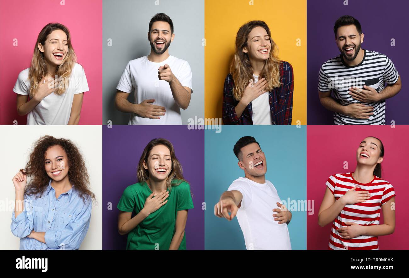 Collage with photos of people laughing on different color backgrounds ...