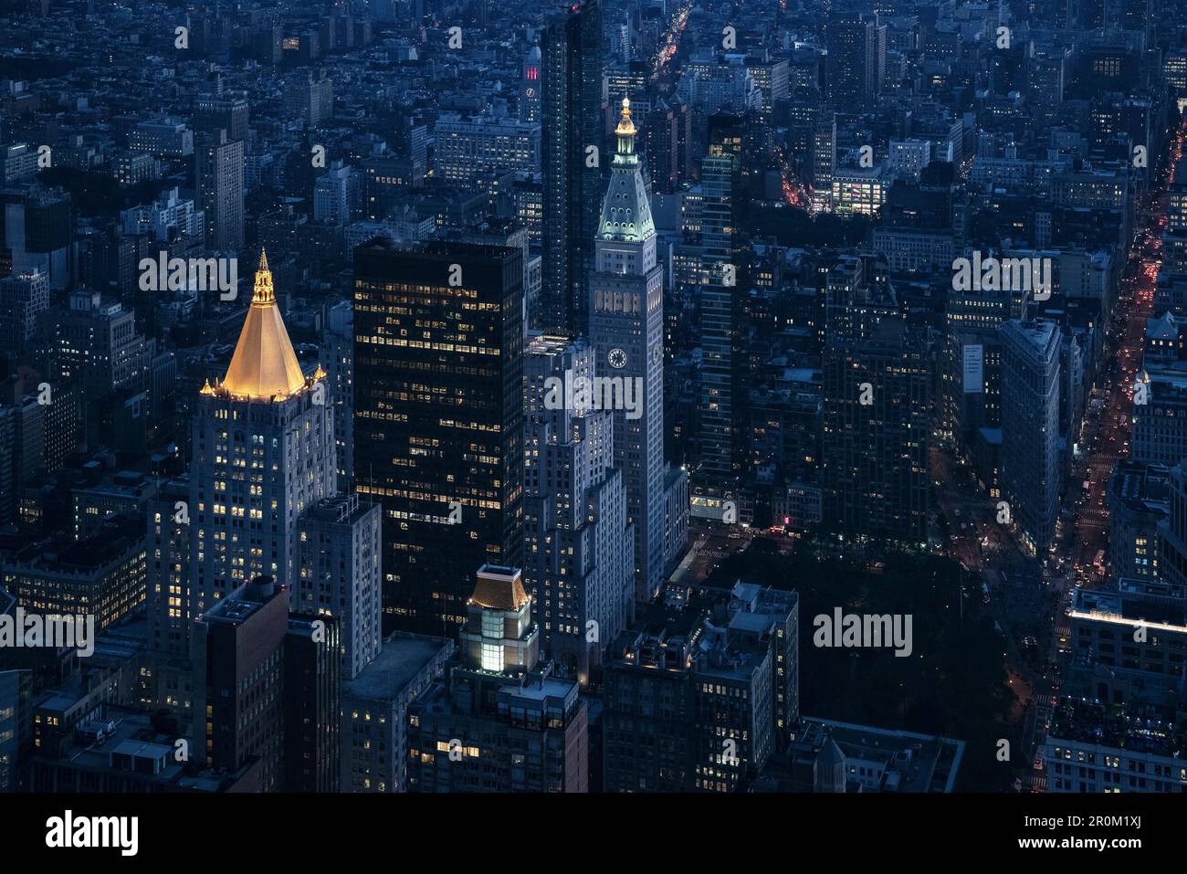The Clocktower and New York life buildings with golden rooftops, view
