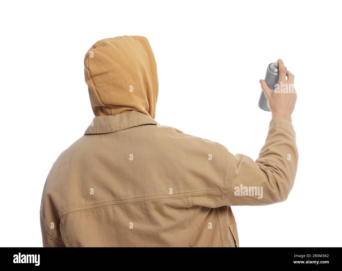 Man holding can of spray paint on white background, back view Stock ...