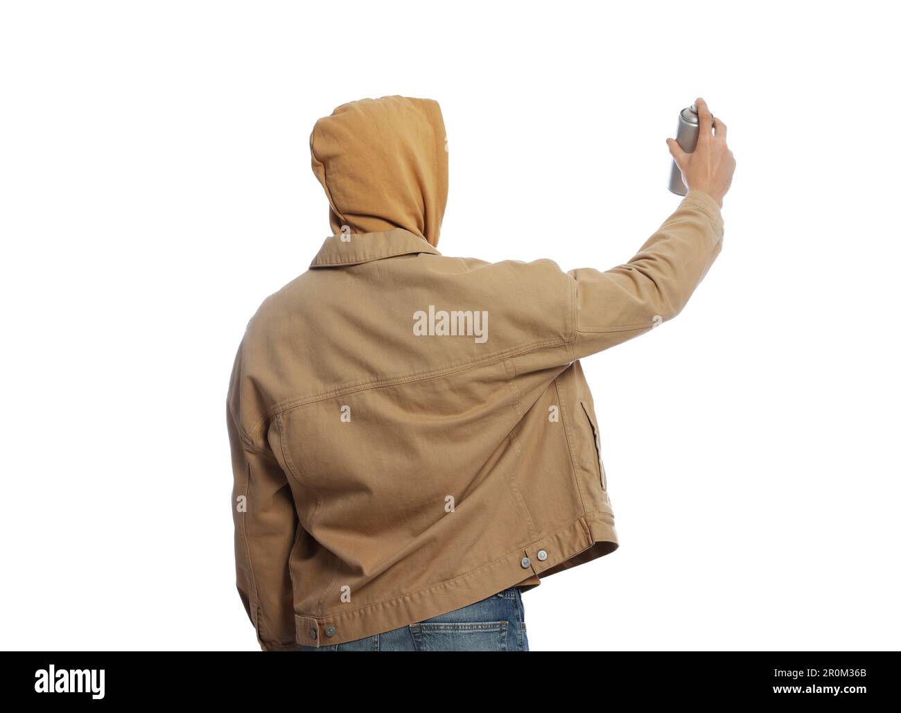 Man holding can of spray paint on white background, back view Stock ...