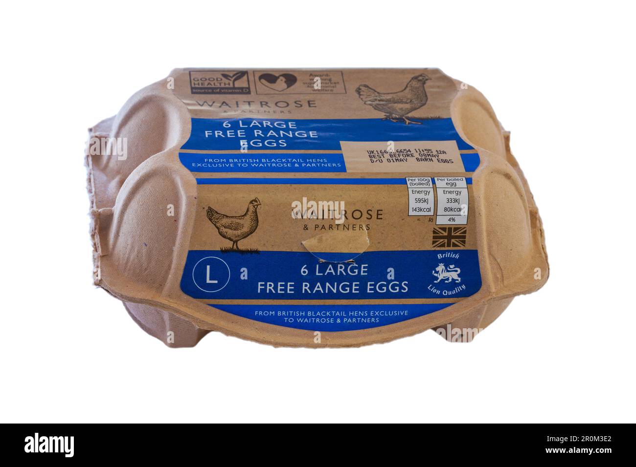 carton of Waitrose 6 large free range eggs isolated on white background egg box closed, egg