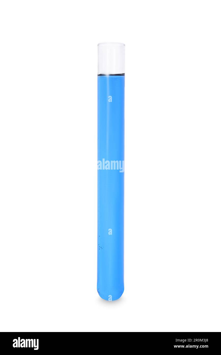 Test tube with light blue liquid isolated on white Stock Photo - Alamy