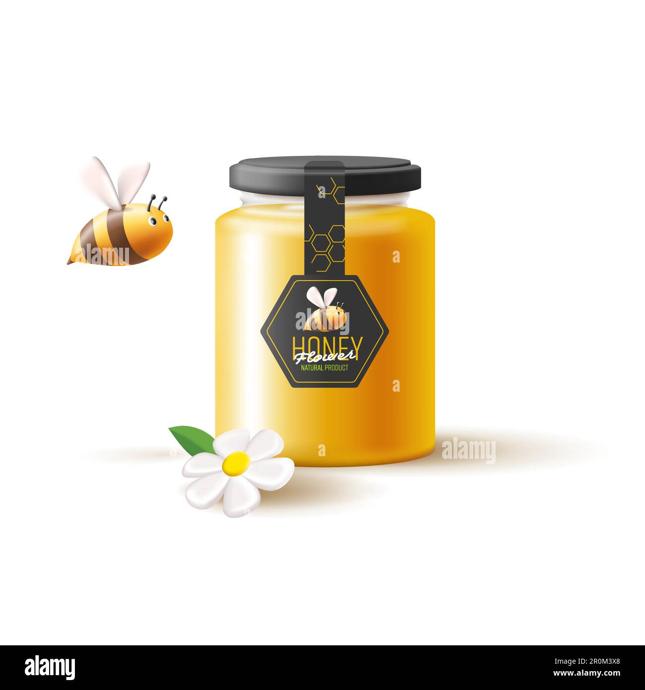 Honey glass jar 3d illustration with bee and white flower, brand