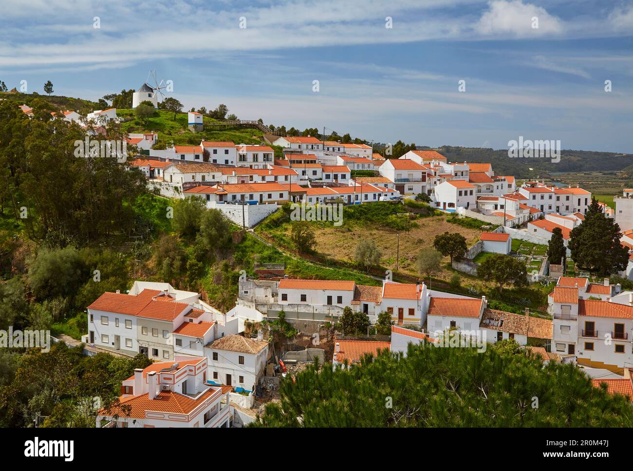 View at Odeceixe, White houses with red roofs, Atlantic Ocean, District Faro, Region of Algarve