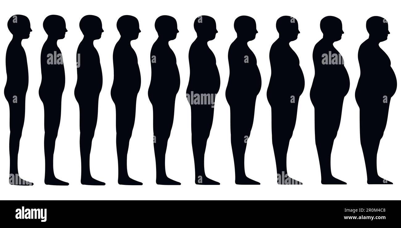 Silhouette of a human men set Blend from thin to slim to thick fat, vector fit slim man obesity, concept of weight loss, health and healthy lifestyle Stock Vector